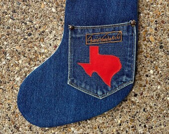 Vintage 15" Gloria Vanderbilt Texas State Patch Handmade Upcycled Denim Jeans Christmas Stocking