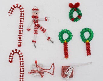 Lot Vtg Beaded Handmade Christmas Ornaments Figure Candy Cane