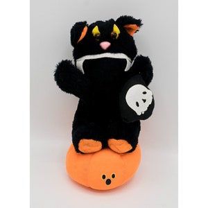 Vintage 9&quot; Dan Brechner Plush Halloween Black Cat on Pumpkin Trick or Treat Bag