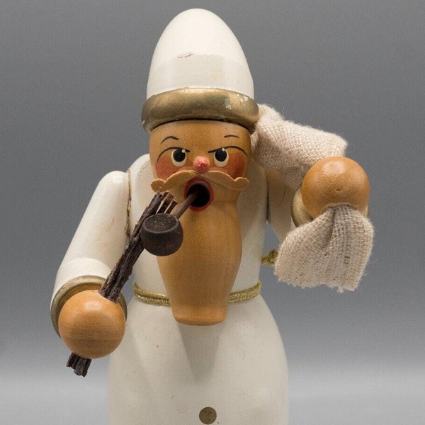 Vintage White and Gold Santa Claus 8" Wooden Incense Smoker with Burlap Sack and Pipe German?
