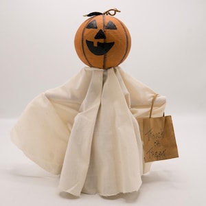 Vintage Primitive Ghost with Jack O Lantern Head Trick or Treat Wood Figure Halloween