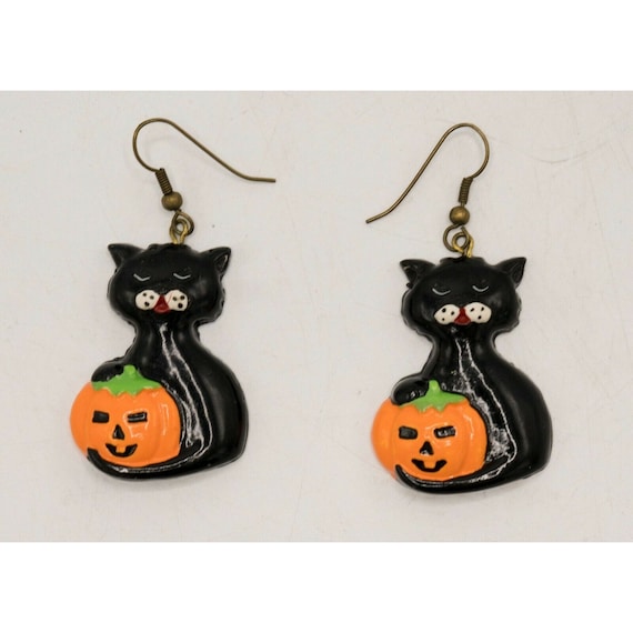 Vintage 1980s Halloween 3D Ceramic Earrings Black… - image 1