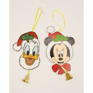 Kurt Adler Disney Minnie Donald Face Wooden Christmas Ornament w Bell Vintage Lot of 2
