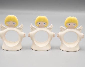 Set of 3 Vintage Porcelain Angel Napkin Rings Handpainted Christmas Table Decoration 1980s Napkin Holders