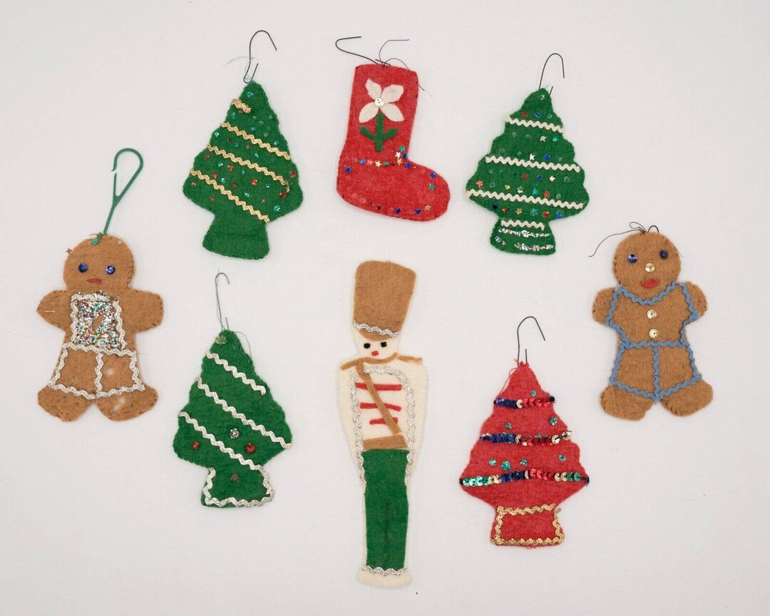 Lot of 8 Vintage Handmade Felt Sequin Christmas Ornaments Gingerbread