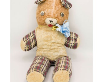 50s 60s Vintage Large Brown Teddy Bear Carnival Plush Plaid Body Rubber Face 23&quot;