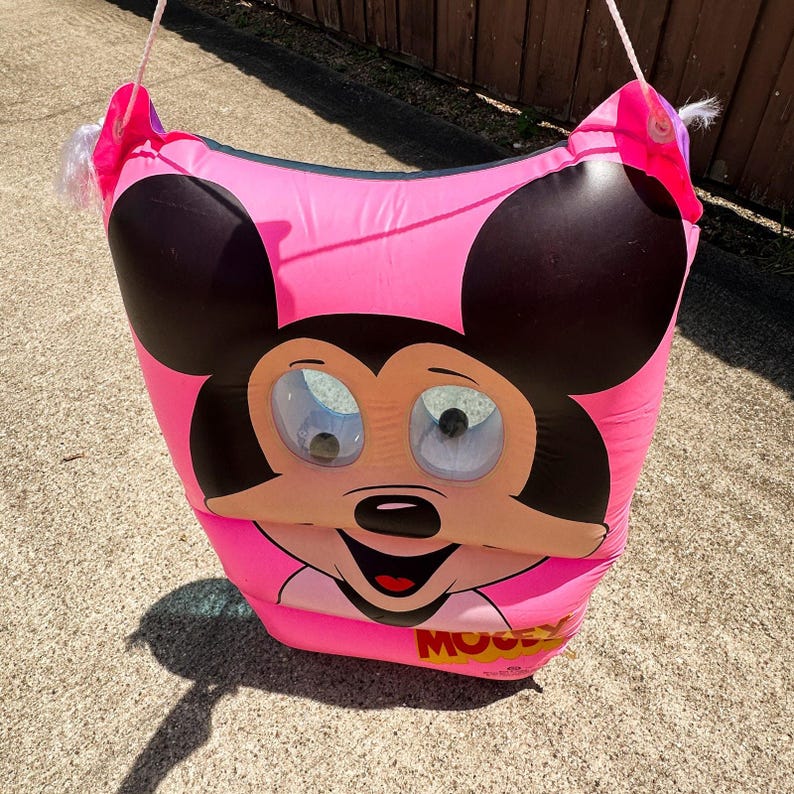 Vintage 1980s Ideal Mickey Mouse Pink Pool Raft Inflatable Googly Eyes Disney VIDEO image 12