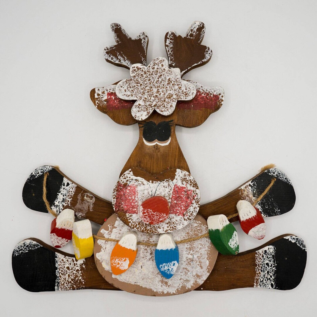 Rustic Wood Christmas Wall Decor Reindeer With Light Bulbs Hand Painted