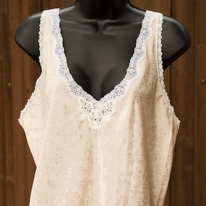 Camisón vintage Barbizon para mujer, sin mangas, con ribete de encaje floral beige, talla 38