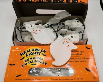2001 Hallmark Halloween Ghost 10 pezzi di luci a stringa NUOVE in tessuto soffiato, set vintage di due scatole