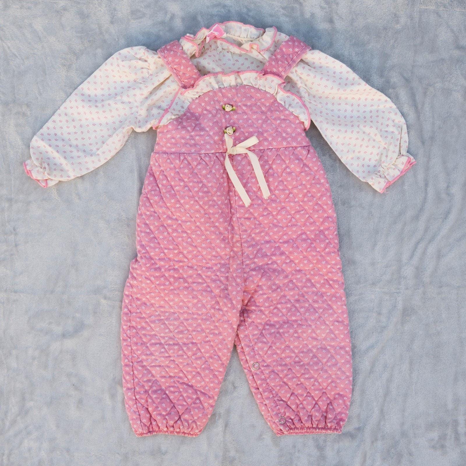 Vintage 1990s Evy of California Girls Pink Floral Quilted Overalls Jumpsuit with Matching Shirt 12 Months
