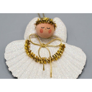 Vintage Angel Real Sea Shell Christmas Ornament Iridescent Glitter Handmade