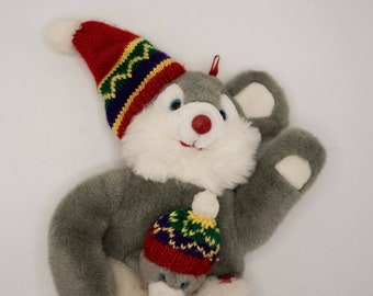 Vintage Prima Creations 2 Mouse Mice Plush with Knit Hats 3D Large 28" Christmas Stocking