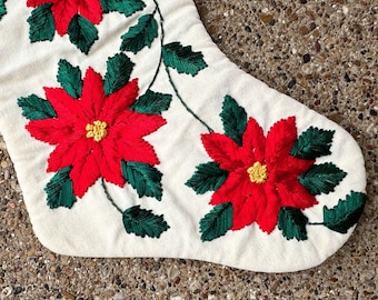 Vintage Embroidered Poinsettia Christmas Stocking Christmas Flower Red Green White