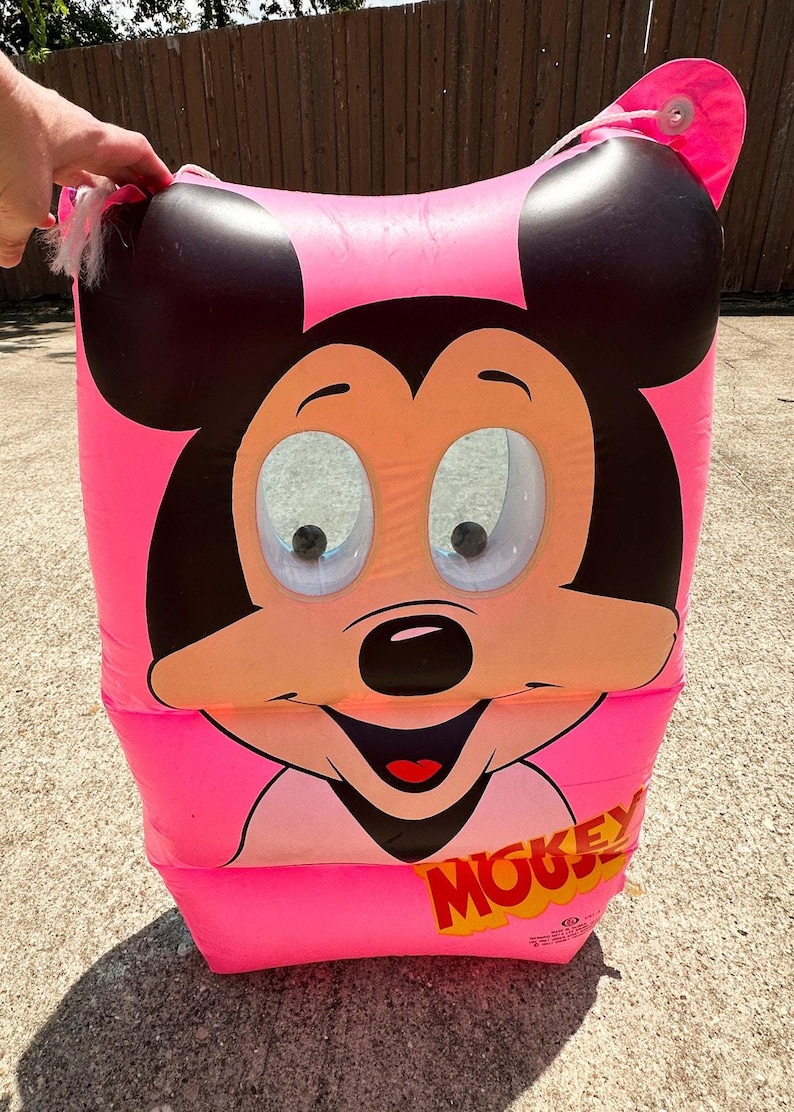 Vintage 1980s Ideal Mickey Mouse Pink Pool Raft Inflatable Googly Eyes Disney VIDEO image 6
