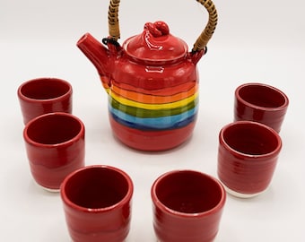 Vintage 7 Piece Rainbow Teapot and Cup Set Hand Thrown Pottery Rainbow Skies