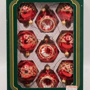 Vintage Kurt S Adler GC 300 Red Traditional Glass Ornaments Box of 9 Round 3 Indents
