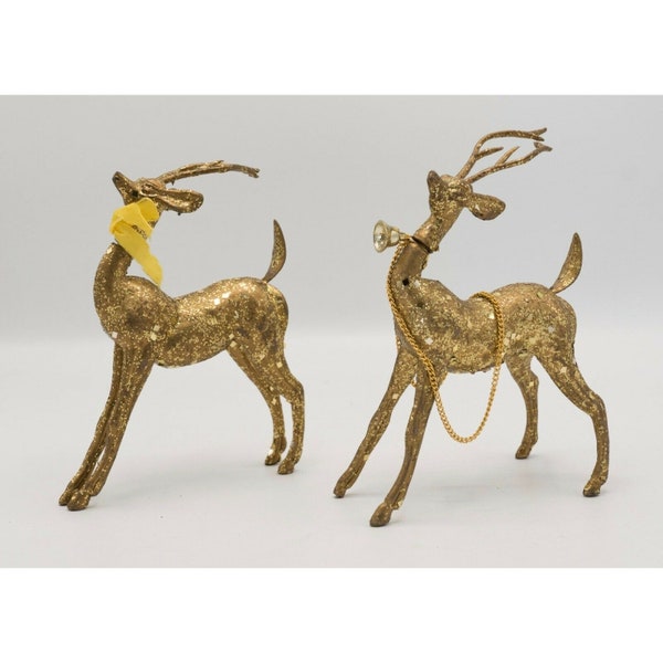 Lot of 2 Vintage 1960s MCM Hard Plastic Gold Glitter Christmas Reindeer Deer Buck 7.5”