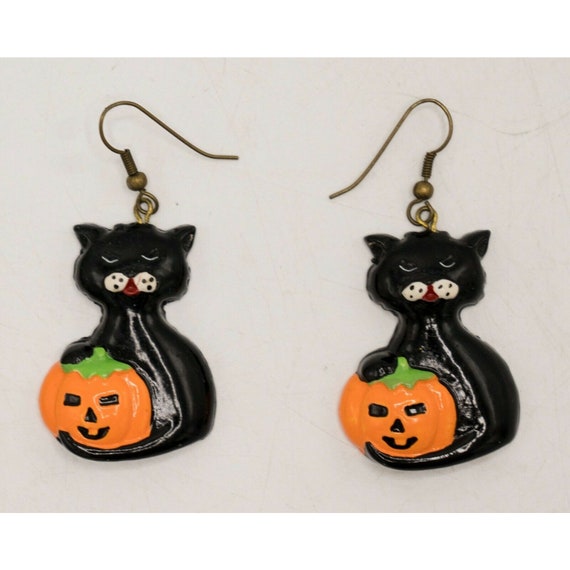 Vintage 1980s Halloween 3D Ceramic Earrings Black… - image 7