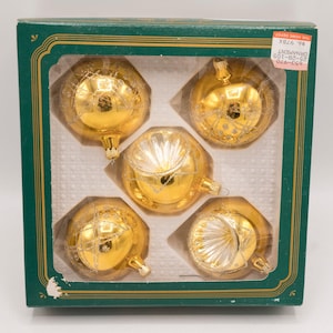 Vintage Kurt S. Adler Gold Indent Glass Christmas Ornaments Box of 5 Round 2 Indent