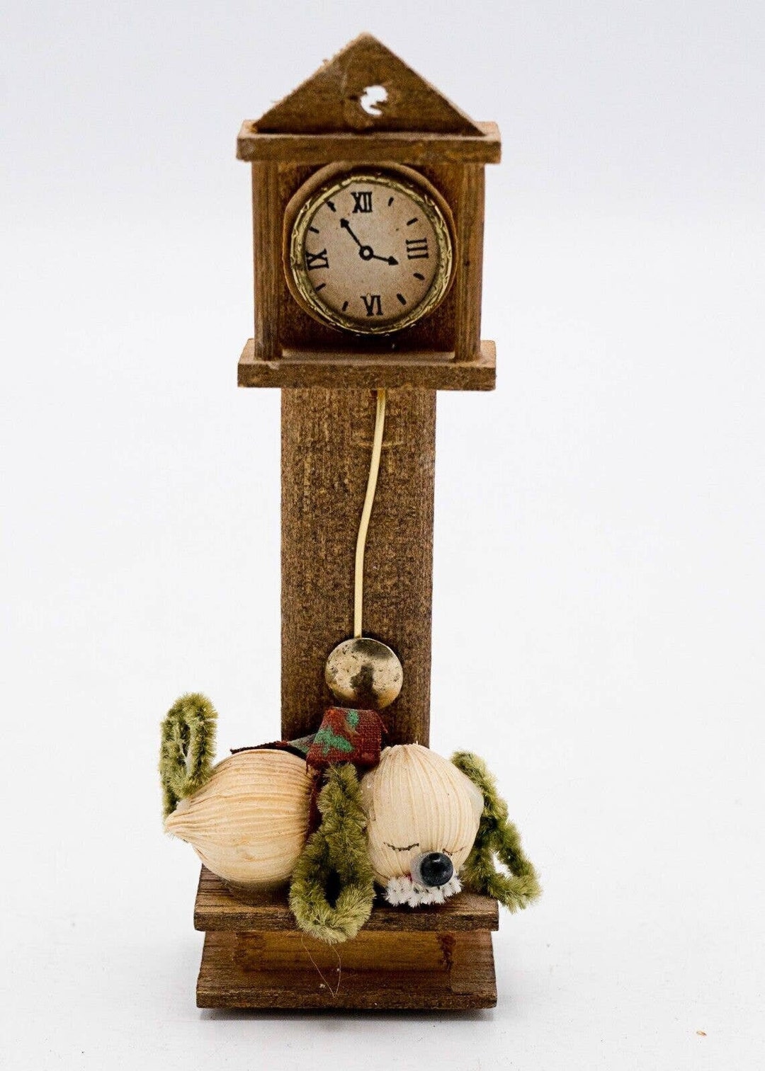 Vtg Wood Grandfather Clock Ornament W Sleeping Corn Husk Pipe Etsy