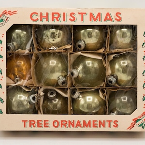 12 Vtg Shiny Brite USA Glas Weihnachtsbaum Ornamente Gold 2 5/8 &quot;&quot;Original Box.&quot;