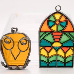 Lot of 2 Vtg Christmas Ornaments Stained Glass Plastic Owl Window Sun Catcher