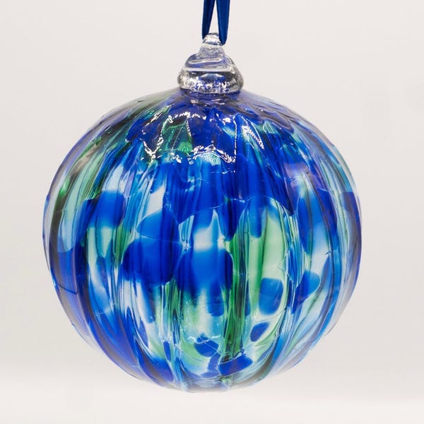 Vintage Hand Blown Glass Christmas Ornament Blue Green Swirls Splats 4.5" Tall