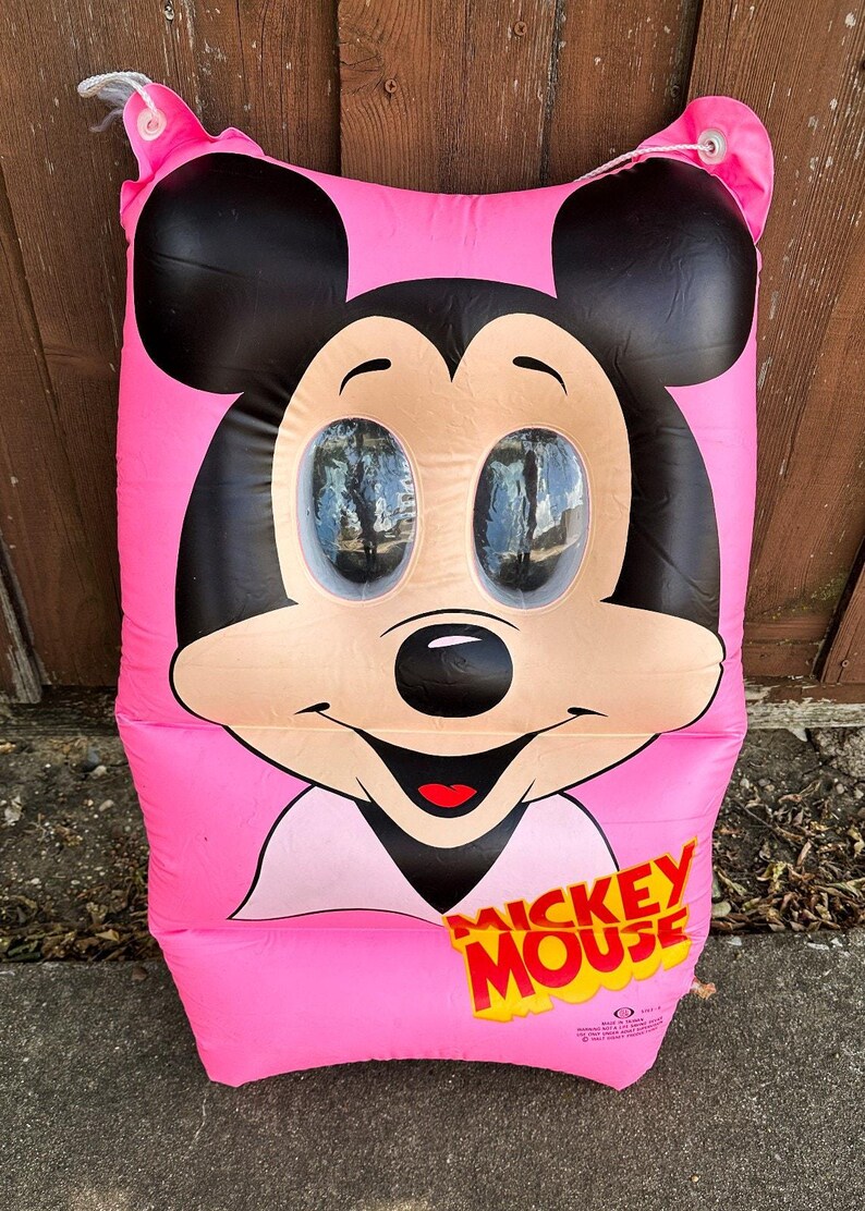 Vintage 1980s Ideal Mickey Mouse Pink Pool Raft Inflatable Googly Eyes Disney VIDEO image 3