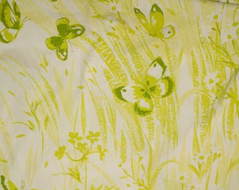 Vintage 1970s Twin Fitted Sheet, Sears Meadowlands Light Green Butterfly Ferns Twin Fitted Sheet Bibb