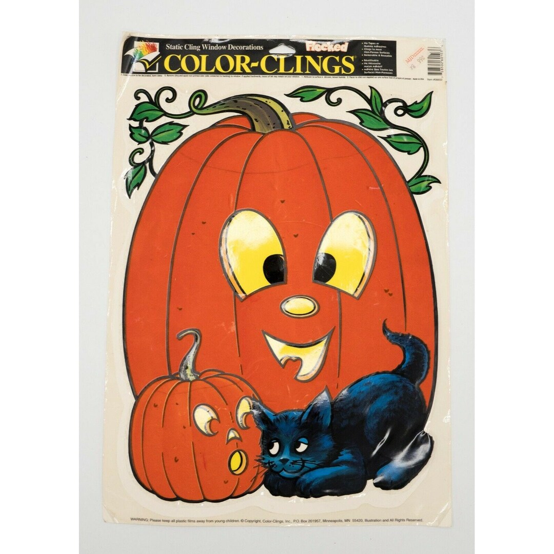 Halloween Vtg FLOCKED Jack O Lantern Pumpkin Black Cat Window Decal ...