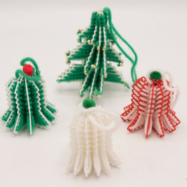 Vintage Lot of 4 Christmas Ornaments 3D Bells Xmas Tree Plastic Canvas Yarn Handmade
