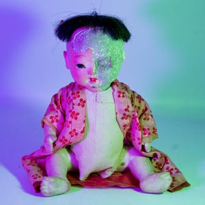 Vintage 1950s Creepy 9.5&quot; Asian Baby Doll Missing Half of Face Haunted Halloween Prop
