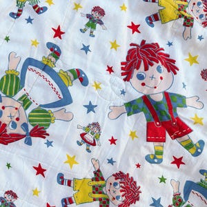 Vintage 1970s Homemade Raggedy Ann and Andy Rag Doll Baby Blanket 31”x37”
