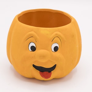 Vintage Small Silly Face Ceramic Pumpkin Jack O Lantern Halloween Tongue