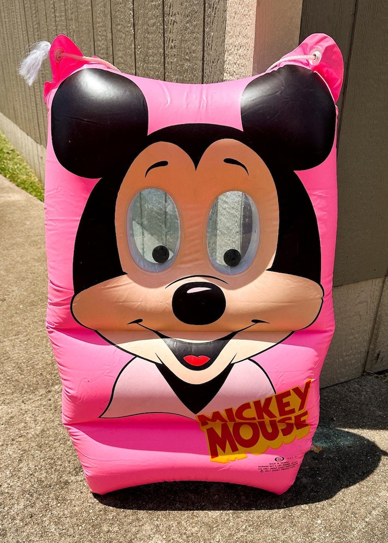 Vintage 1980s Ideal Mickey Mouse Pink Pool Raft Inflatable Googly Eyes Disney VIDEO image 1