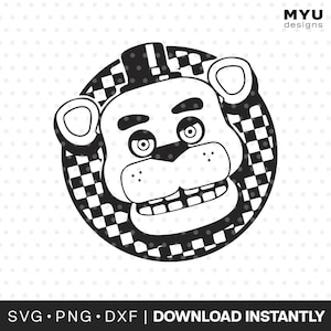 May include: Black and white cartoon illustration of a bear's head with a checkered pattern around it. The bear has large eyes, a wide grin, and a hat with an exclamation point. The text "SVG • PNG • DXF | DOWNLOAD INSTANTLY" is at the bottom.