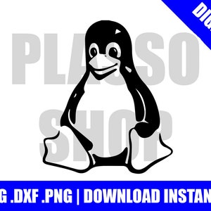 May include: A black and white cartoon penguin illustration. The penguin has a white belly, a white beak, and a smiling expression. The image includes the text ".SVG .DXF .PNG | DOWNLOAD INSTANTLY" and "DIGITAL".