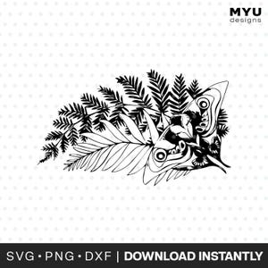 May include: Black and white digital design featuring a butterfly with intricate wing patterns, surrounded by detailed fern and leaf illustrations. The design includes the text "MYU designs" and "SVG • PNG • DXF | DOWNLOAD INSTANTLY".