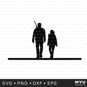 May include: Black silhouette of two people walking on a line. One person carries a long object over their shoulder. The image is set against a white background with small gray dots. The bottom of the image has the text "SVG • PNG • DXF • EPS" and the MYU Designs logo.