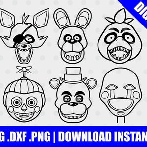 May include: Black and white line art of six cartoon character faces. The characters include a fox with an eye patch, a rabbit, a chicken, a balloon boy, a bear wearing a hat, and a puppet. The text at the bottom says ".SVG .DXF .PNG | DOWNLOAD INSTANTLY".