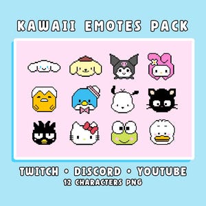 May include: A digital art pack featuring 12 pixelated Kawaii Emotes. The emotes include various cartoon characters in a grid layout, with a light blue background. Text at the top reads "KAWAII EMOTES PACK". The bottom text includes "TWITCH • DISCORD • YOUTUBE".