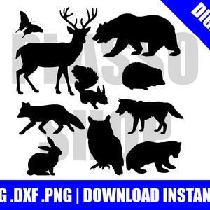 Puede incluir: Siluetas negras de varios animales del bosque, incluyendo un ciervo, un oso, un zorro, un búho y un conejo. También se incluye una mariposa y una ardilla. La imagen tiene el texto "DIGITAL" y ".SVG .DXF .PNG | DOWNLOAD INSTANTLY".