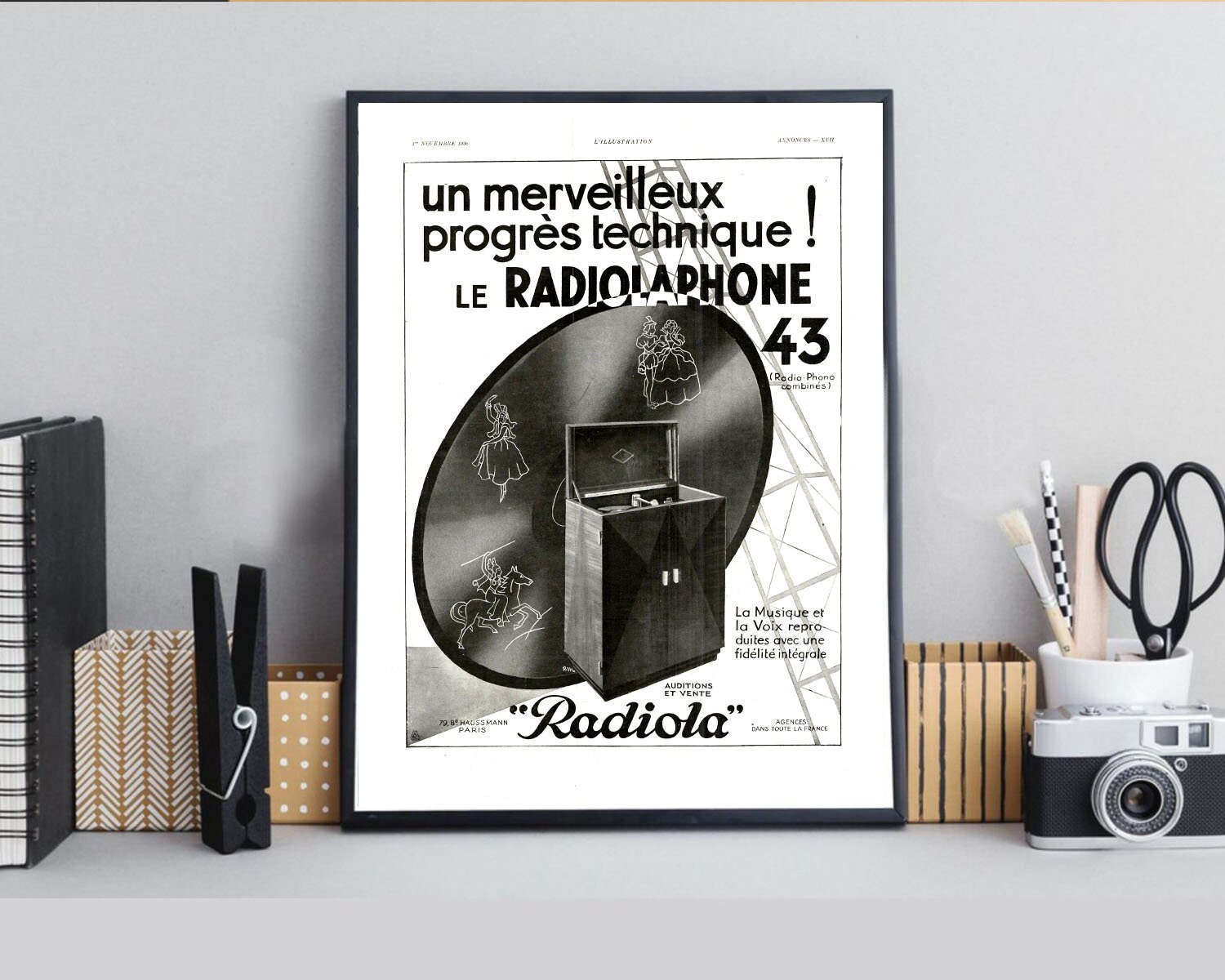 Rare & Authentique Affiche Vintage Années 30 - Radio Tsf Radiola -30x40cm Sans Cadre Décoration Mura