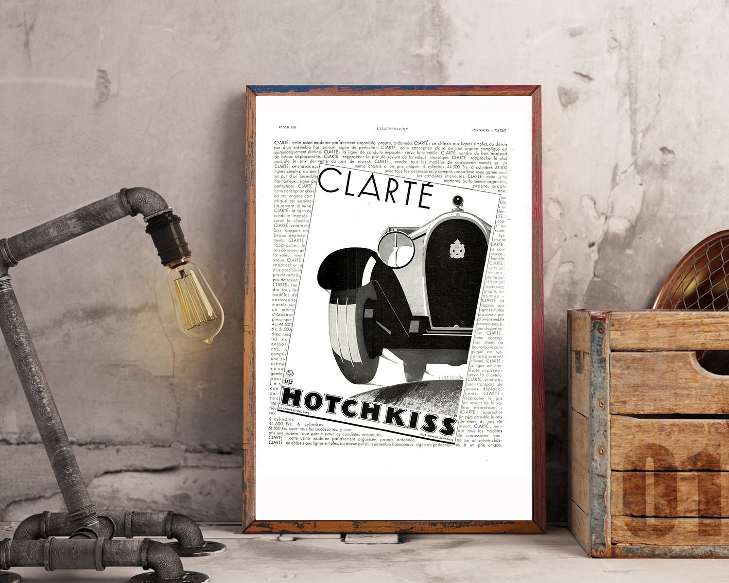 Rare & Authentique Affiche Vintage Années 30 - Hotchkiss -30x40cm- Sans Cadre Décoration Murale Idée