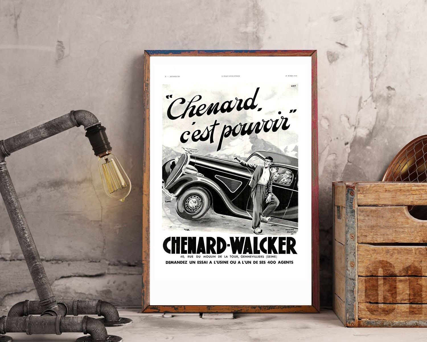 Rare & Authentique Affiche Vintage Années 30 - Chenard Walker -30x40cm- Sans Cadre Décoration Murale