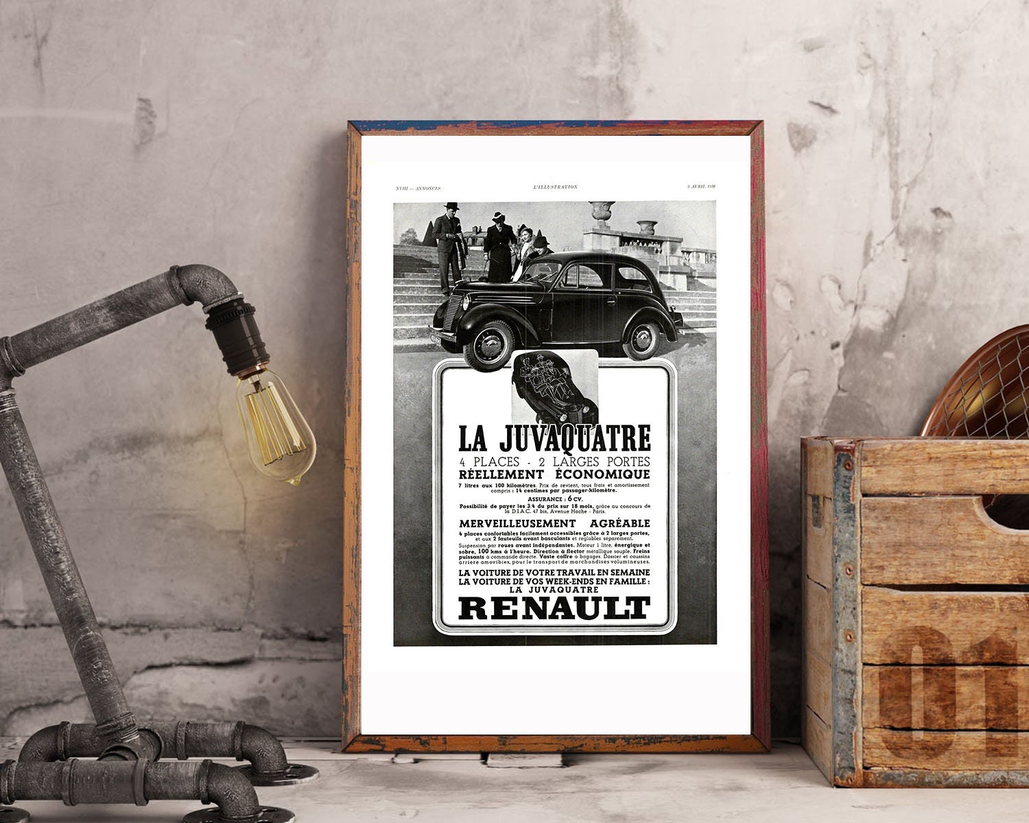 Rare & Authentique Affiche Vintage Années 30 -Renault Automobile-30x40cm- Sans Cadre - Décoration Mu