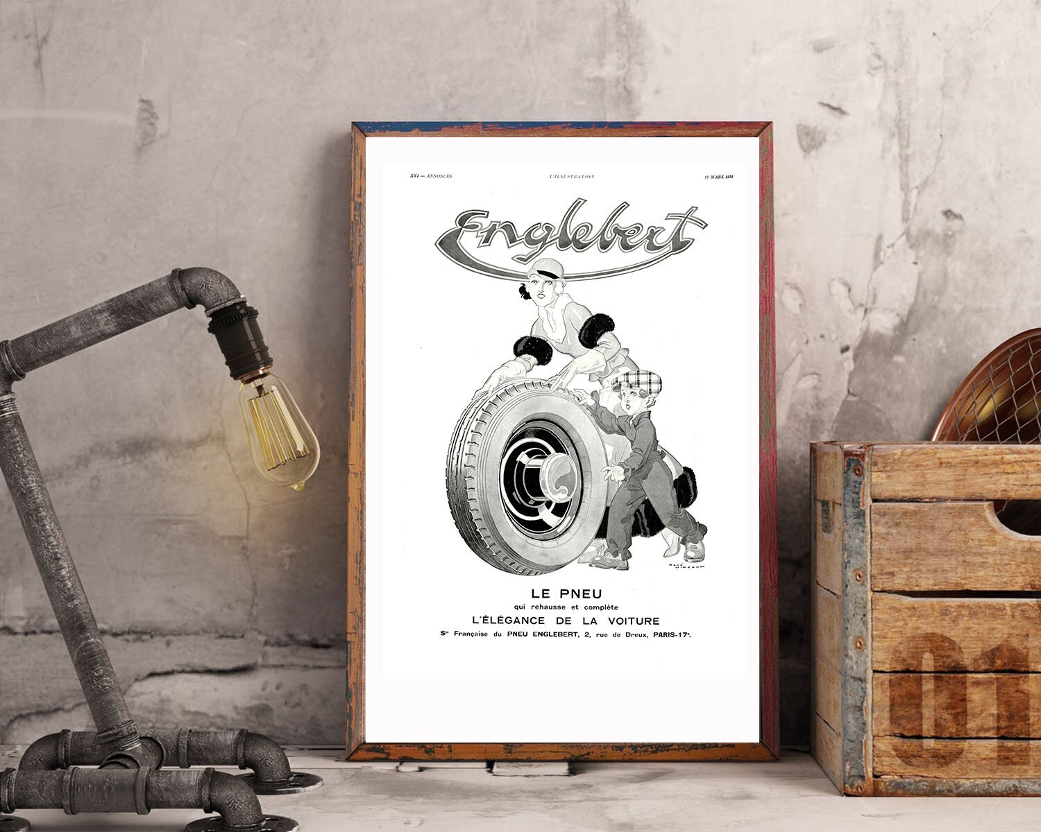 Rare & Authentique Affiche Vintage Années 30 - Englebert -30x40cm- Sans Cadre Décoration Murale Idée