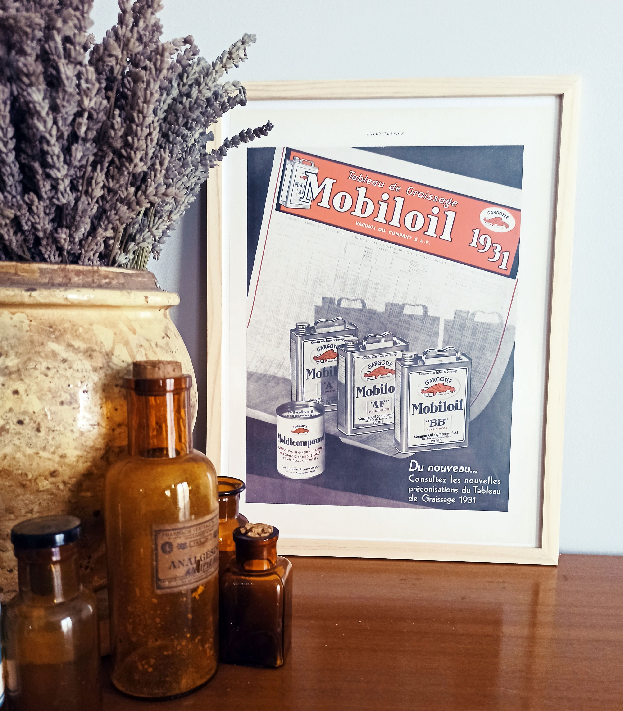 Rare & Authentique Affiche Vintage Années 30 - Mobiloil -30x40cm Sans Cadre Décoration Murale Idée C