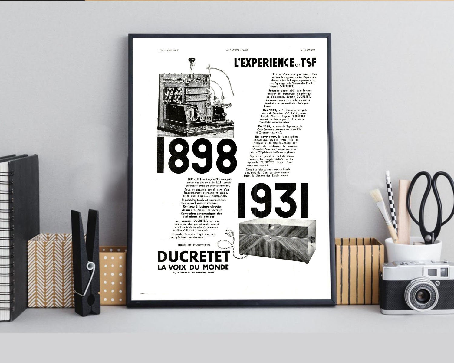 Rare & Authentique Affiche Vintage Années 30 - Radio Tsf Ducretet -30x40cm Sans Cadre Décoration Mur